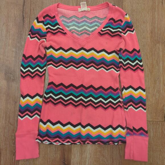VTG OP Sport Women's Medium Sweater Aztec Pink Colorful Stripe Fair Isle V-Neck - Picture 1 of 7